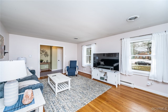 living room featuring hardwood / wood-style floors and a baseboard heating unit