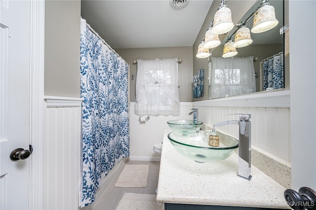 bathroom featuring curtained shower, toilet, and vanity