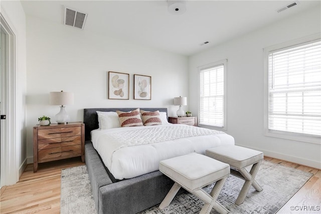 bedroom featuring light hardwood / wood-style floors and multiple windows