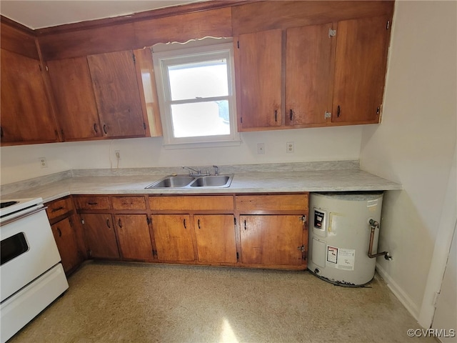 kitchen with electric stove, electric water heater, and sink