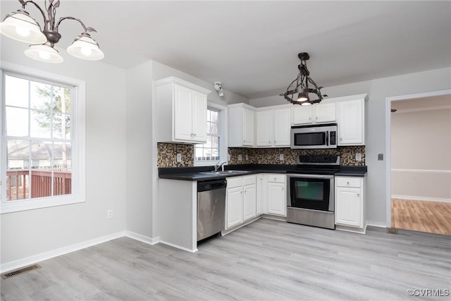 kitchen with white cabinetry, hanging light fixtures, stainless steel appliances, and light wood-type flooring