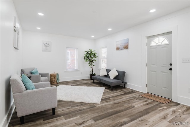 foyer with crown molding and wood-type flooring