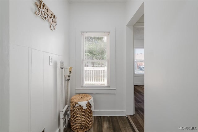 doorway with dark hardwood / wood-style floors and a healthy amount of sunlight