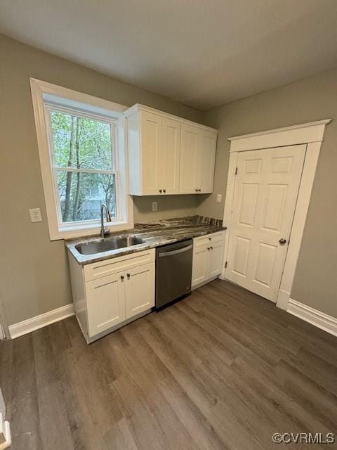 kitchen featuring white cabinets, stainless steel dishwasher, dark wood-type flooring, and sink