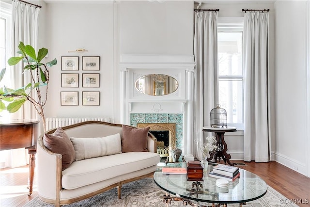 sitting room with hardwood / wood-style flooring and a fireplace