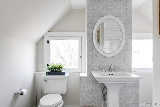 bathroom with lofted ceiling and toilet