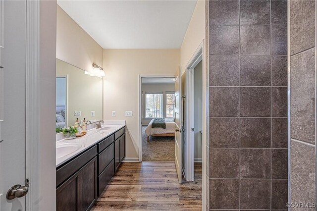 bathroom with hardwood / wood-style floors and vanity