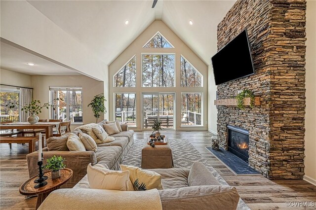 living room with high vaulted ceiling, hardwood / wood-style floors, and a fireplace