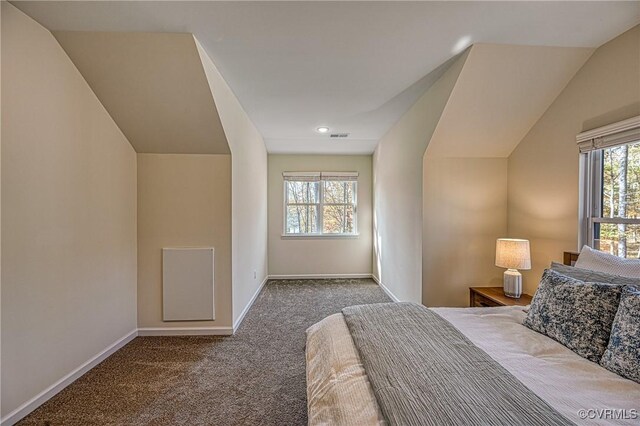 bedroom with carpet flooring and vaulted ceiling