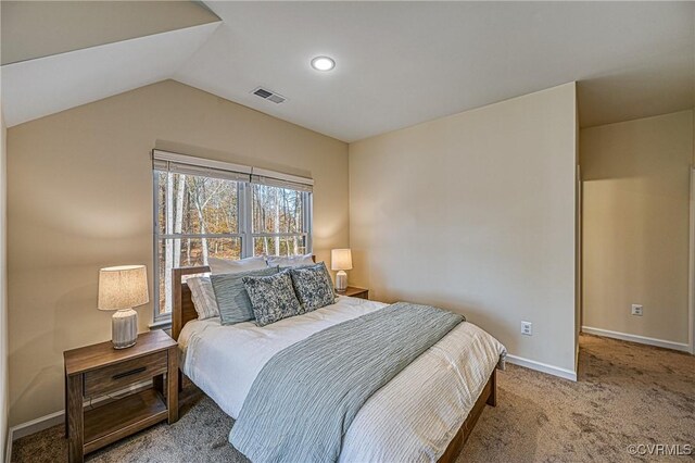 bedroom with carpet and lofted ceiling