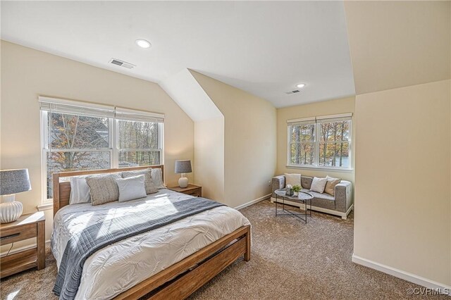 carpeted bedroom featuring vaulted ceiling