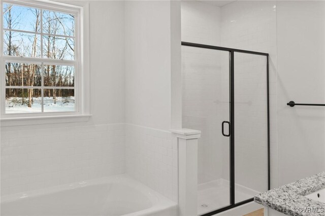 bathroom with vanity and independent shower and bath