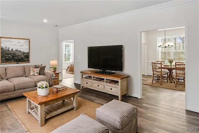 living room featuring hardwood / wood-style flooring, ornamental molding, and a chandelier