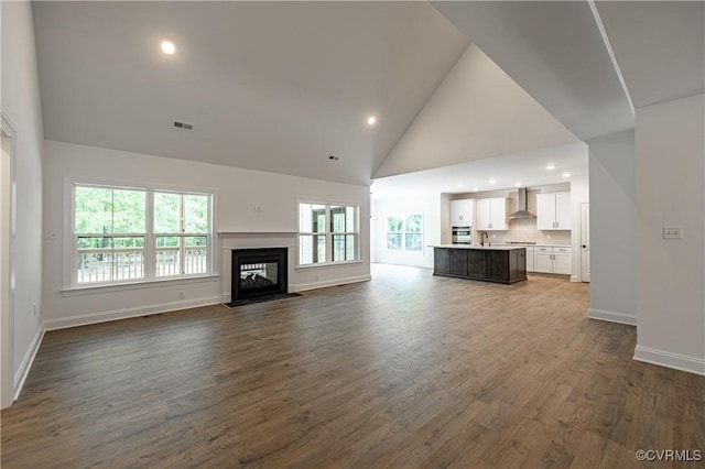 unfurnished living room featuring high vaulted ceiling, dark wood-type flooring, and sink