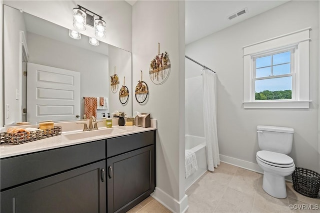 full bathroom with tile patterned floors, vanity, toilet, and shower / bathtub combination with curtain