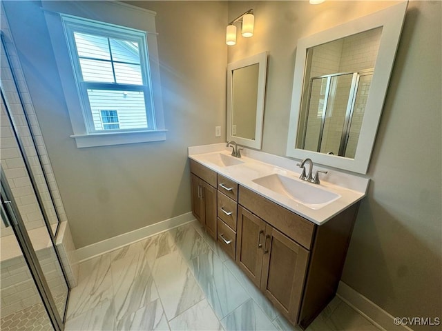 bathroom featuring marble look tile flooring, baseboards, a shower stall, and double vanity