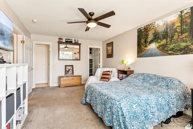 bedroom featuring ceiling fan, light colored carpet, a walk in closet, and a closet