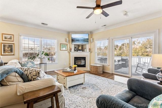 living room with ceiling fan, hardwood / wood-style floors, and ornamental molding