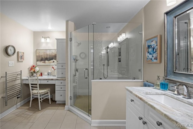 bathroom featuring tile patterned floors, vanity, and an enclosed shower