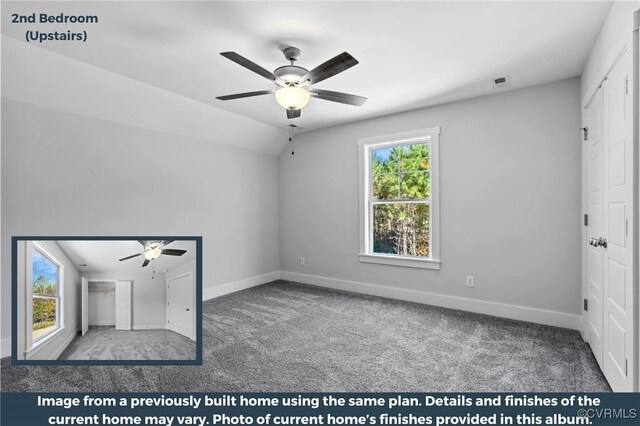 73 Jamestown Ln, Bracey, VA 23919 - unfurnished bedroom featuring carpet flooring, baseboards, a closet, a ceiling fan, and lofted ceiling