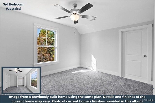 73 Jamestown Ln, Bracey, VA 23919 - spare room with ceiling fan, carpet floors, baseboards, and vaulted ceiling