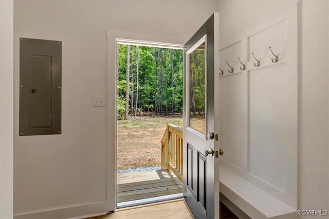 73 Jamestown Ln, Bracey, VA 23919 - entryway with electric panel and wood finished floors