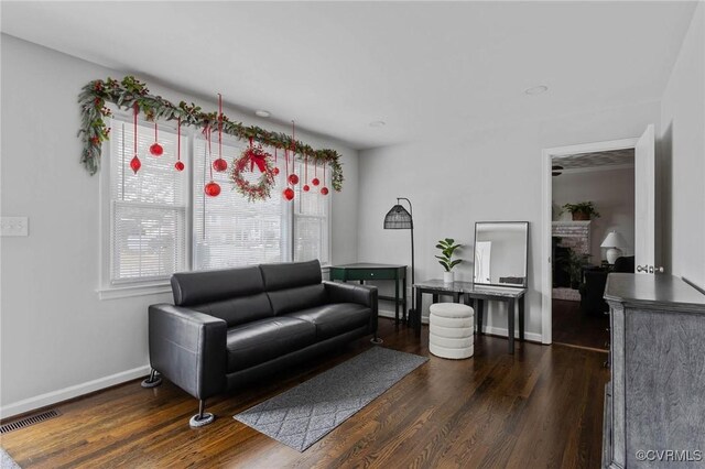 living room featuring a fireplace and dark hardwood / wood-style floors