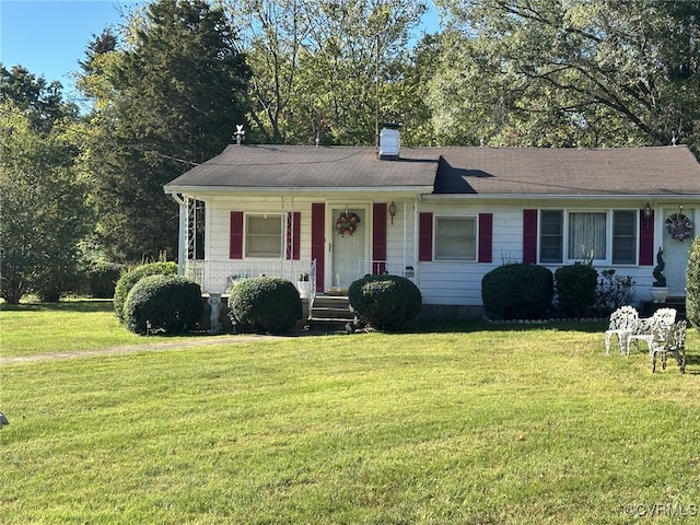 ranch-style home with a porch and a front lawn