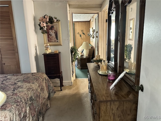 bedroom with light colored carpet