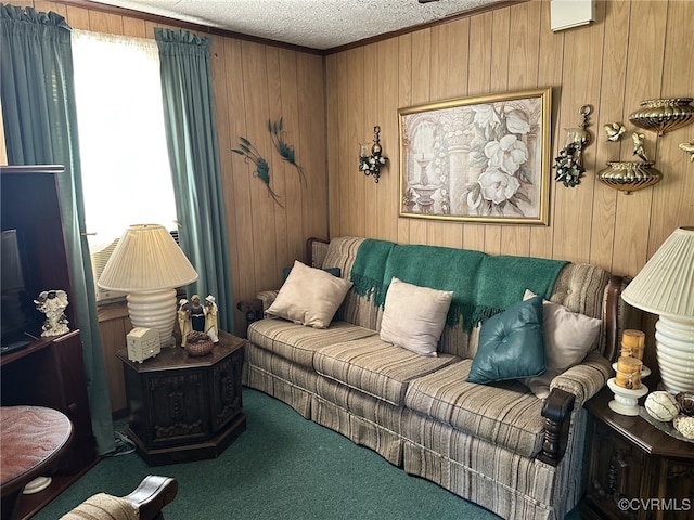 carpeted living room with a textured ceiling and wooden walls