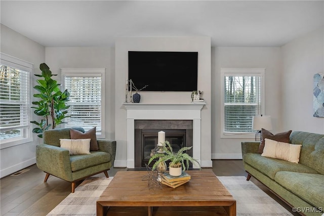 living room with hardwood / wood-style flooring and a wealth of natural light