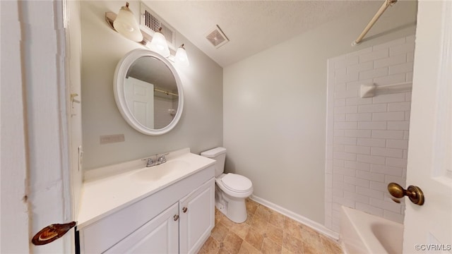 full bathroom featuring vanity, toilet, a textured ceiling, and bathtub / shower combination