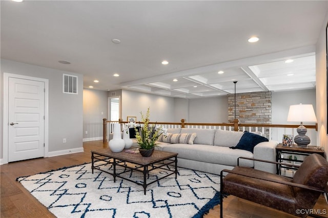 11163 Independence Rd, Ashland, VA 23005 - living room with beamed ceiling, hardwood / wood-style flooring, and coffered ceiling