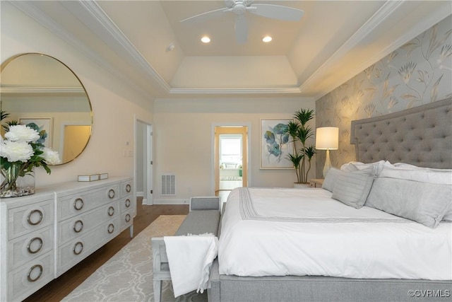 11163 Independence Rd, Ashland, VA 23005 - bedroom featuring ceiling fan, dark hardwood / wood-style floors, a raised ceiling, and ornamental molding