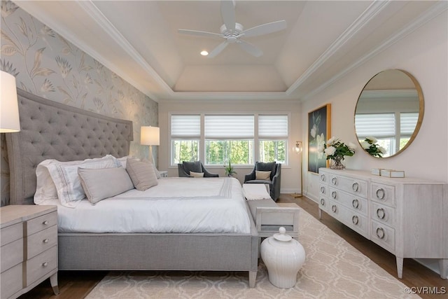 11163 Independence Rd, Ashland, VA 23005 - bedroom with ornamental molding, a tray ceiling, ceiling fan, and dark wood-type flooring