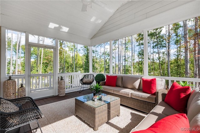 11163 Independence Rd, Ashland, VA 23005 - sunroom featuring ceiling fan and vaulted ceiling