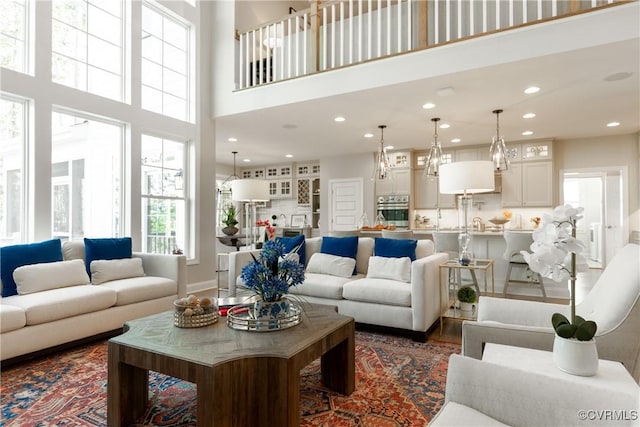 living room with a high ceiling and dark hardwood / wood-style flooring