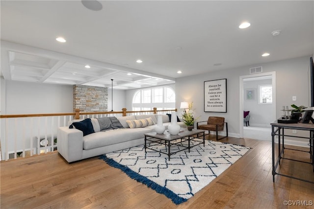 11163 Independence Rd, Ashland, VA 23005 - living room with beamed ceiling, light hardwood / wood-style floors, and coffered ceiling