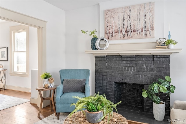 living area with wood-type flooring and a fireplace