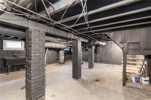 basement with sink and water heater