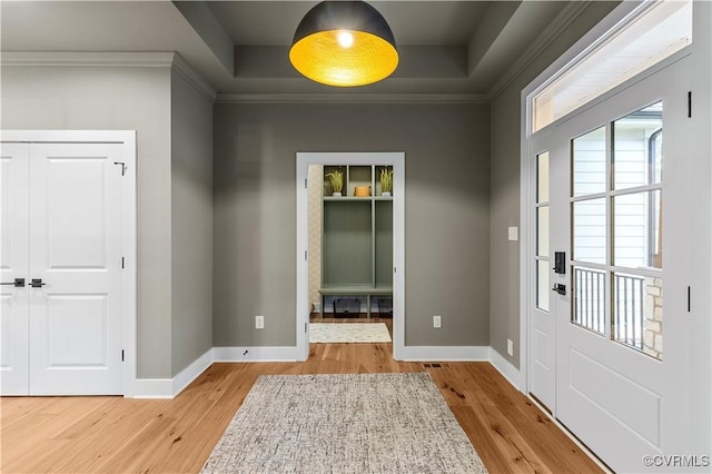 entryway featuring crown molding, a tray ceiling, and light hardwood / wood-style flooring