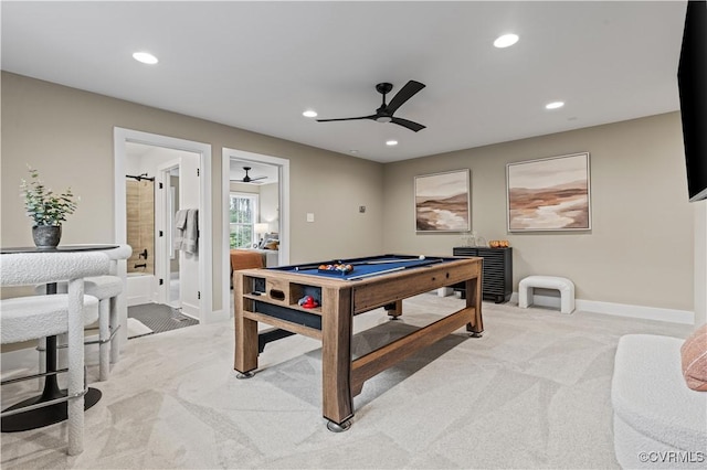 playroom featuring ceiling fan, light colored carpet, and billiards