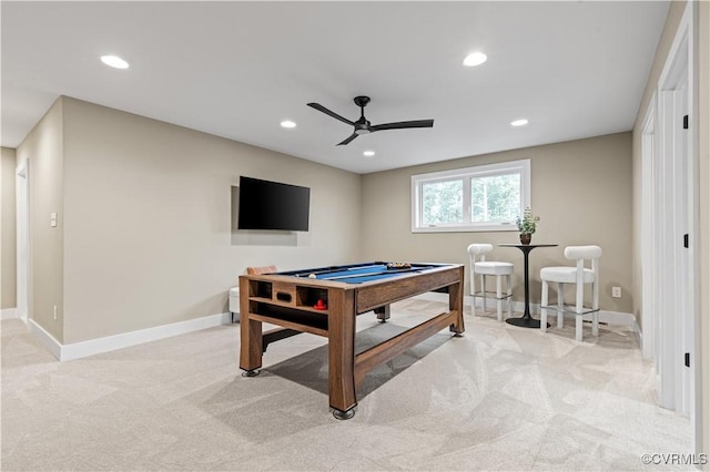 recreation room featuring light carpet, ceiling fan, and pool table