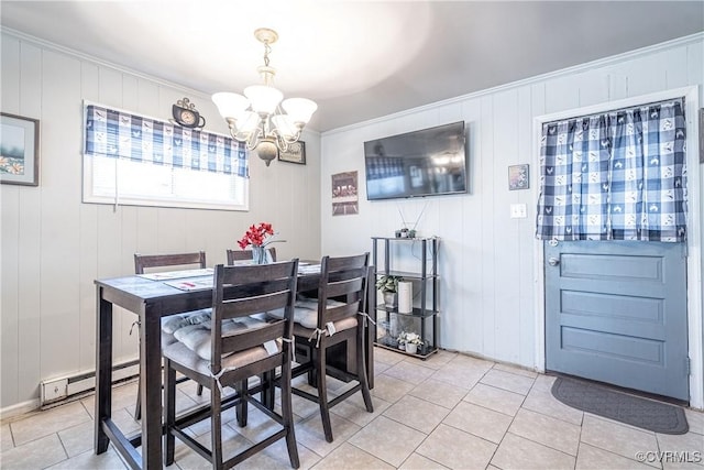 dining room featuring light tile patterned flooring, ornamental molding, a baseboard radiator, and a chandelier