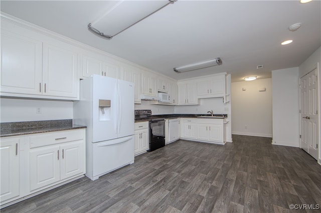 kitchen featuring white cabinetry, sink, white appliances, and dark wood-type flooring