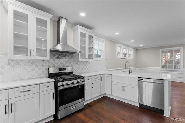 kitchen with stainless steel appliances, ornamental molding, wall chimney exhaust hood, white cabinets, and sink