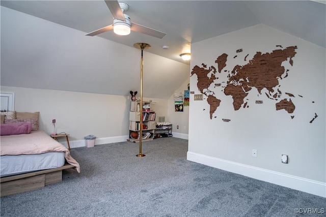 bedroom featuring ceiling fan, carpet floors, and lofted ceiling