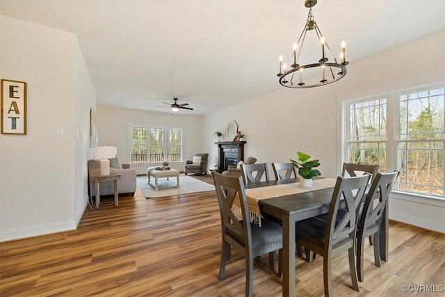 dining room featuring hardwood / wood-style floors, ceiling fan with notable chandelier, and a wealth of natural light