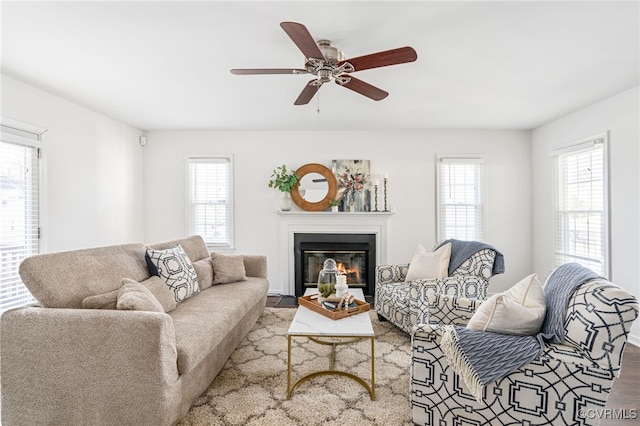 living room featuring wood-type flooring, ceiling fan, and a healthy amount of sunlight