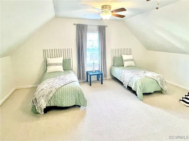 carpeted bedroom featuring lofted ceiling and ceiling fan